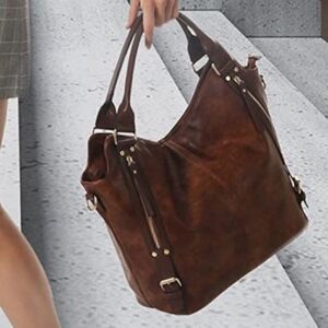 Women Brown PU Leather Handbag Tote Handbag